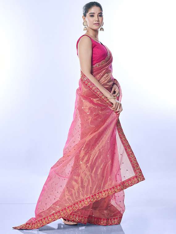 women solid with work bordered saree with blouse - 22063038 -  Standard Image - 1