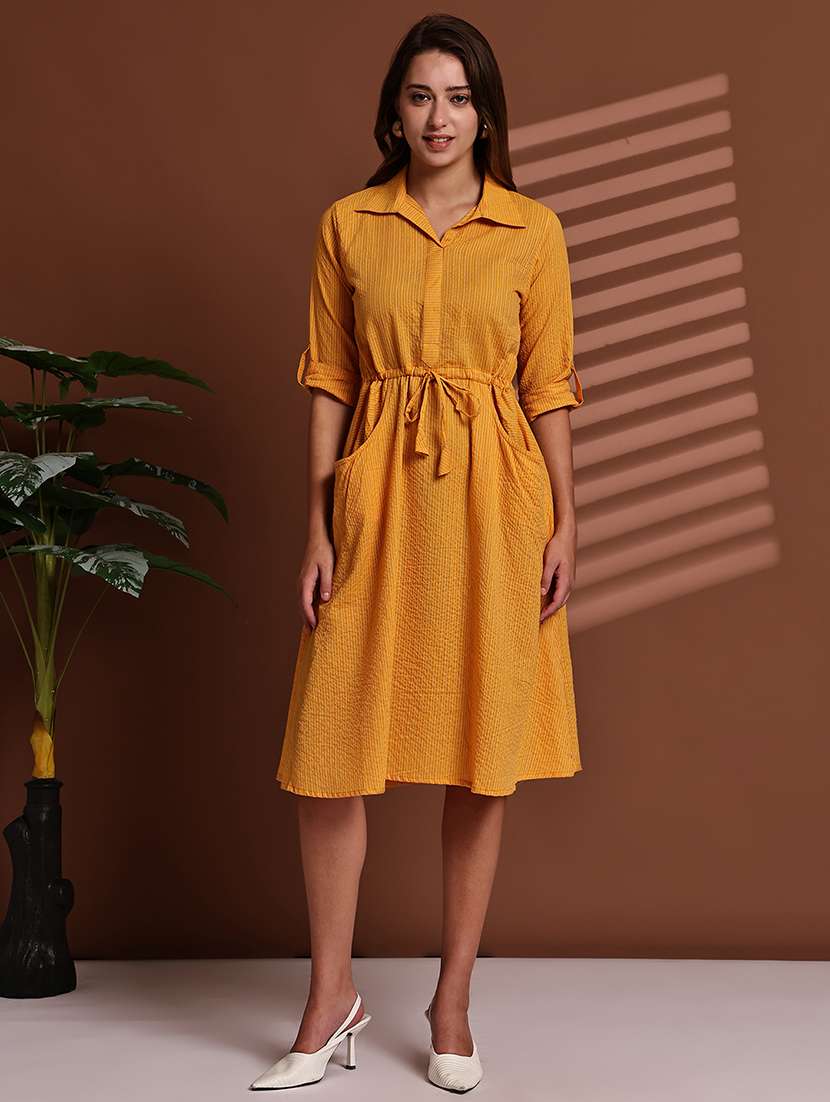 mustard poly crepe aline dress - 22063059 -  Zoom Image - 0