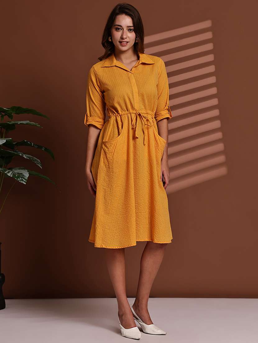mustard poly crepe aline dress - 22063059 -  Standard Image - 1