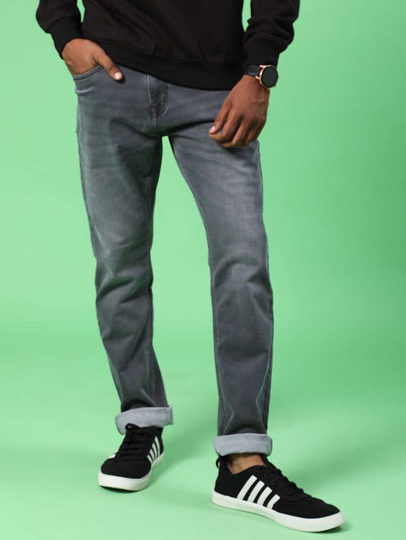 men washed mid rise full length jeans