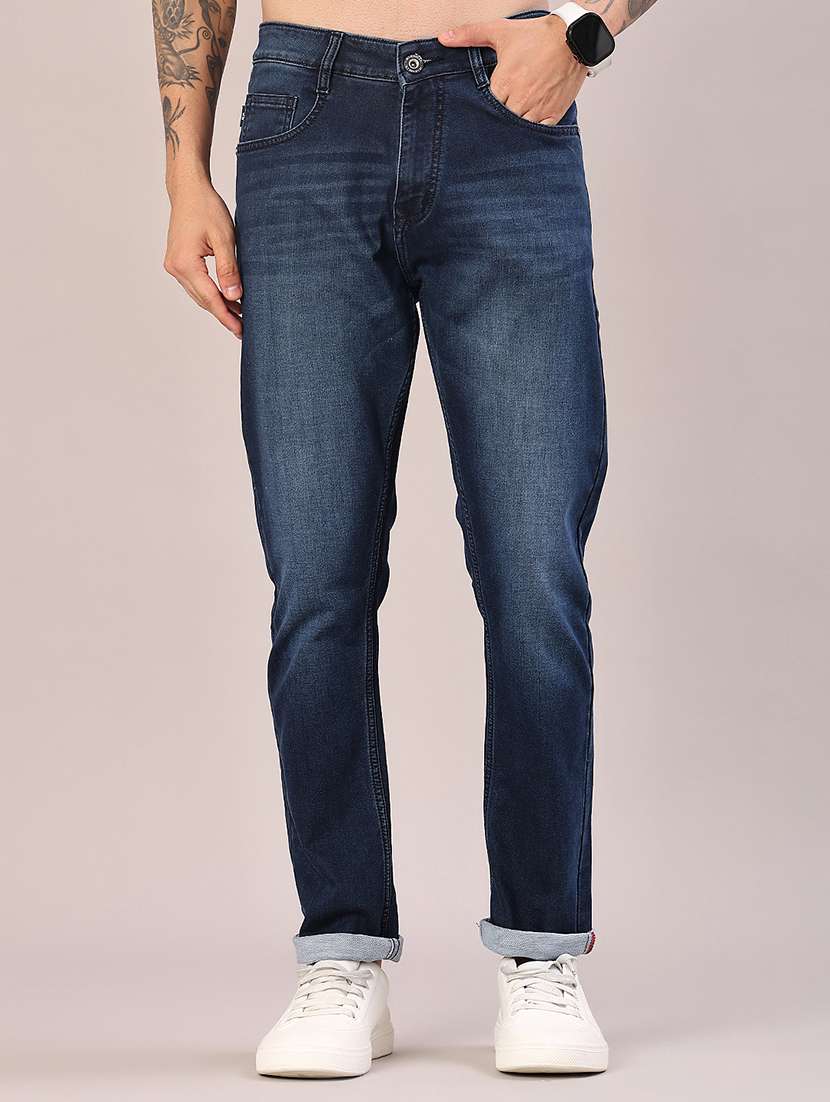 men washed mid rise full length jeans