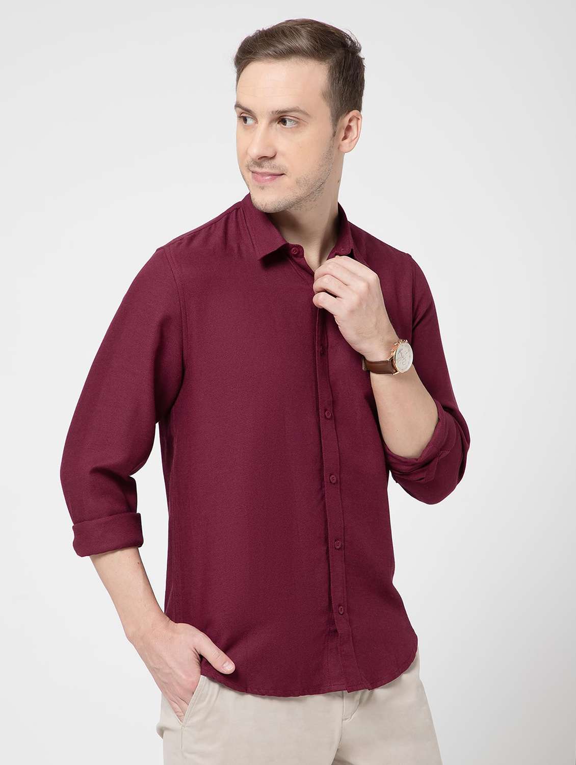 men solid collared long sleeve regular fit shirt - 22063607 - Standard Image - 1