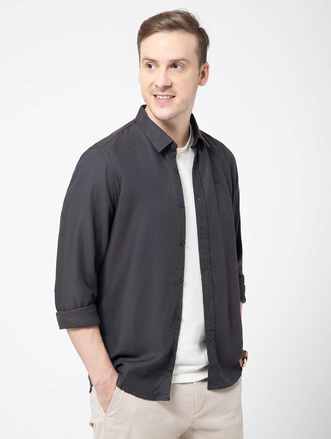 men solid collared long sleeve regular fit shirt - 22063608 - Standard Image - 1