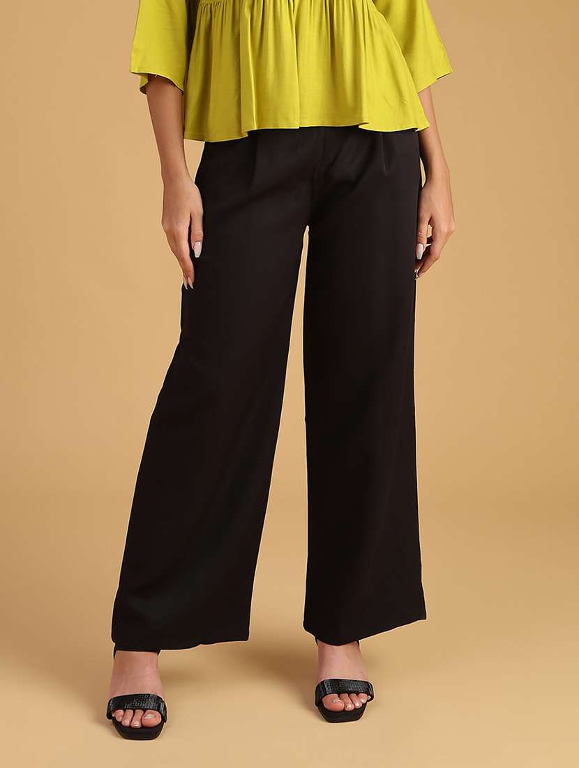 women solid mid rise wide leg trouser - 22063744 -  Standard Image - 1