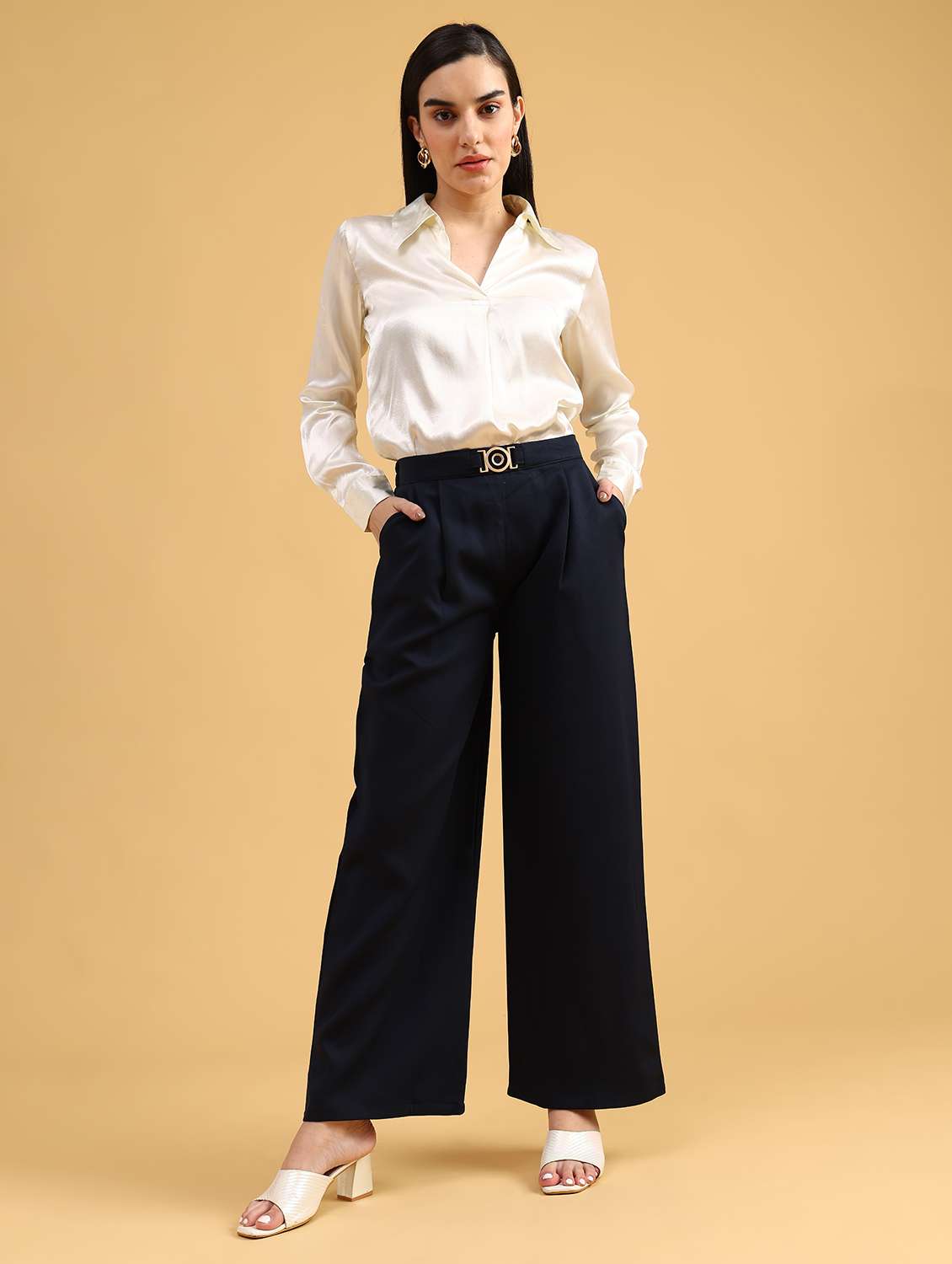 women solid high rise wide leg trouser - 22063745 -  Standard Image - 6