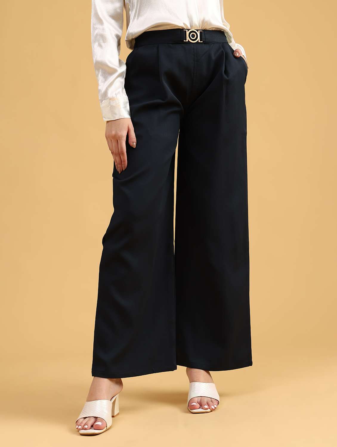 women solid high rise wide leg trouser