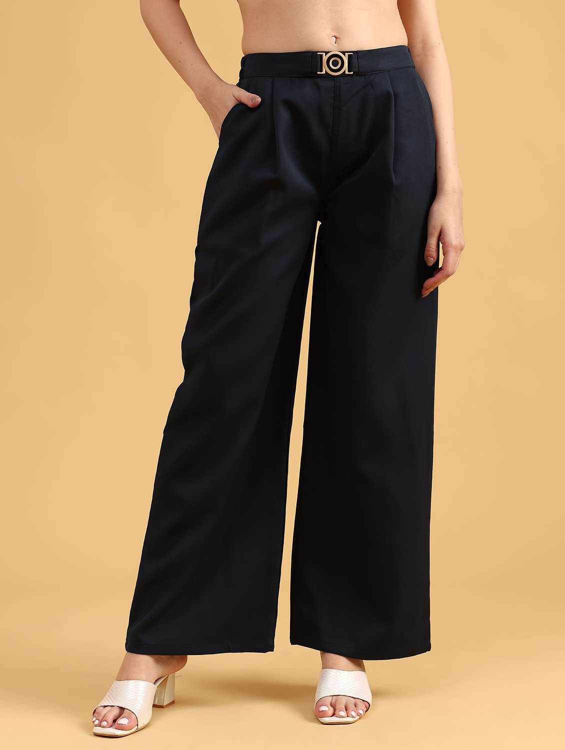 women solid high rise wide leg trouser - 22063746 -  Standard Image - 1