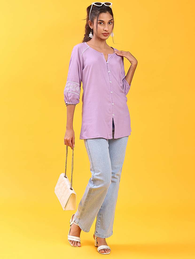 women solid with work three quarter sleeve a-line kurti - 22063806 -  Standard Image - 4