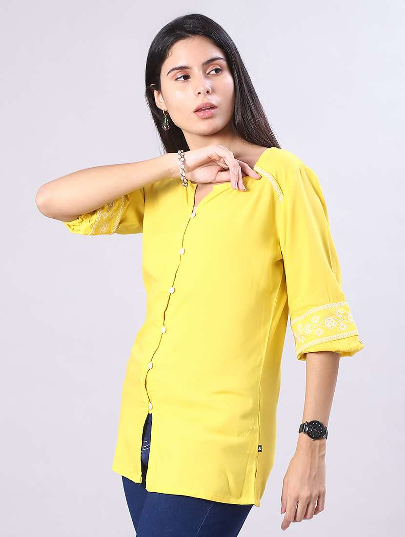 women solid with work three quarter sleeve a-line kurti - 22063807 -  Standard Image - 1
