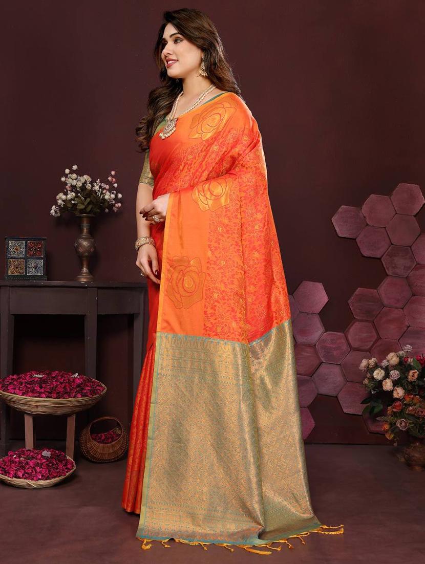 orange silk banarasi saree with blouse - 22063837 - Standard Image - 1