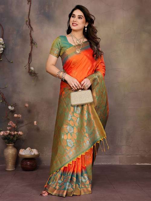 orange silk banarasi saree with blouse - 22063851 -  Standard Image - 0