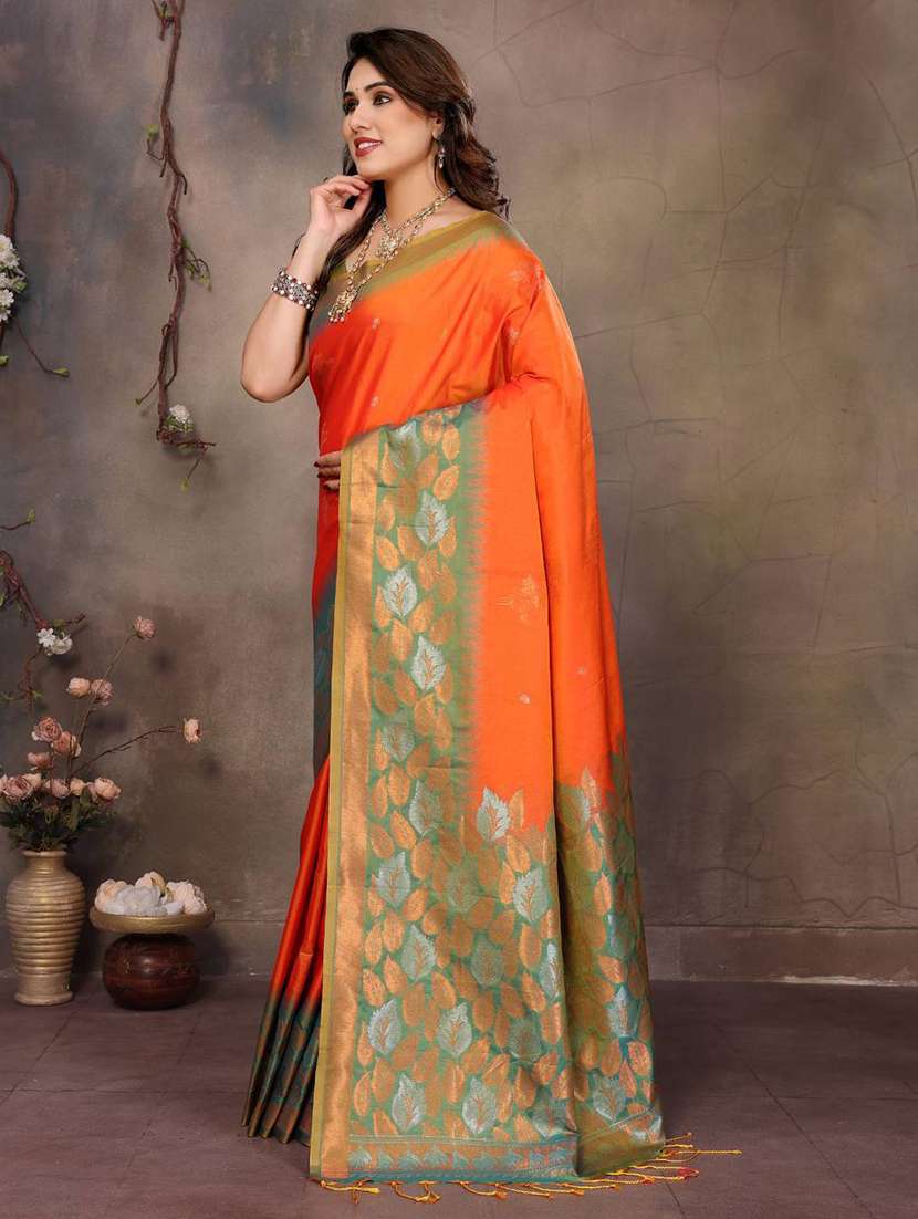 orange silk banarasi saree with blouse - 22063851 -  Standard Image - 1