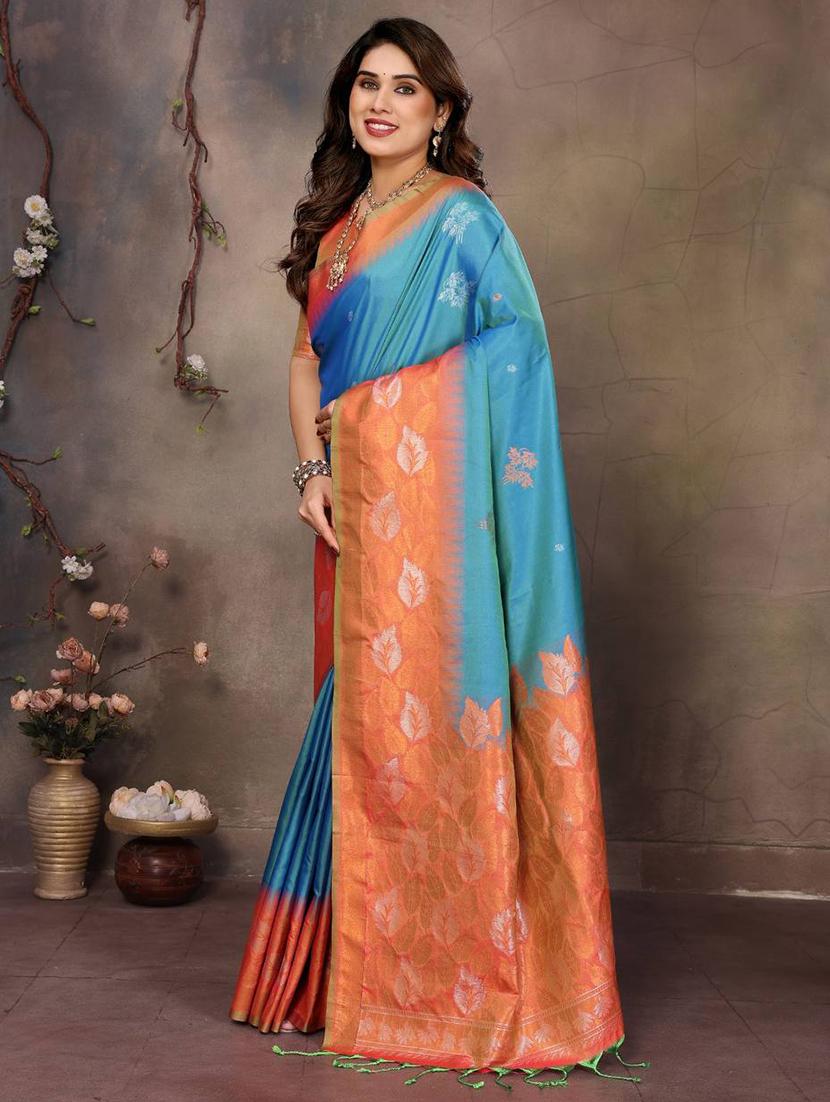 teal silk banarasi saree with blouse - 22063853 - Standard Image - 1