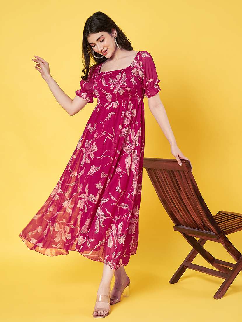 women floral print puff sleeve fit & flare dress