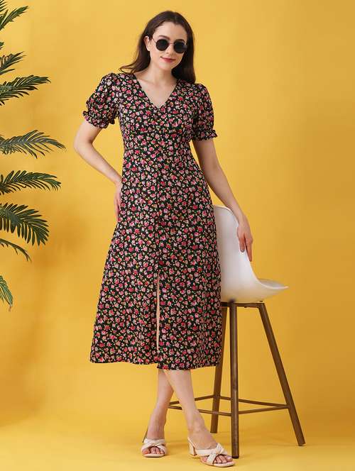 women floral print  puff sleeev a-line dress - 22064132 -  Standard Image - 0