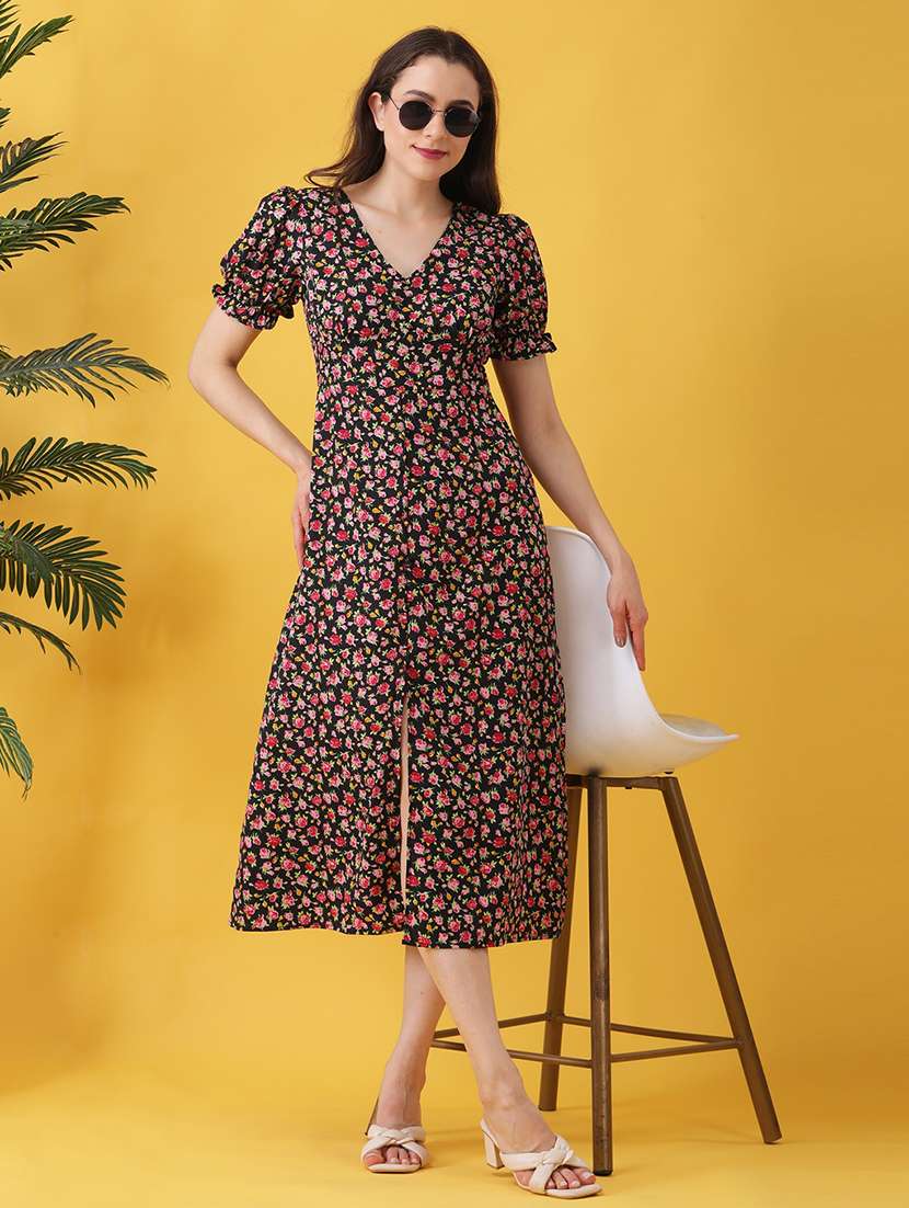 women floral print  puff sleeev a-line dress - 22064132 -  Zoom Image - 0