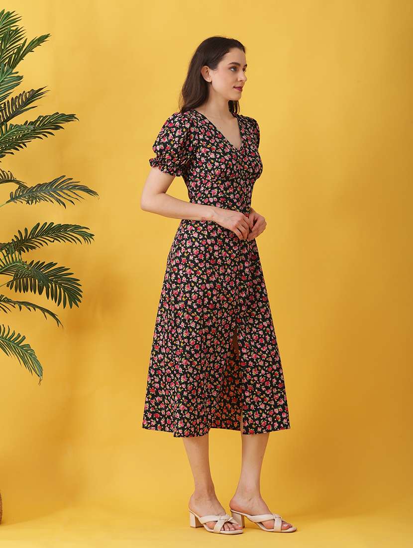 women floral print puff sleeev a-line dress - 22064132 - Standard Image - 1