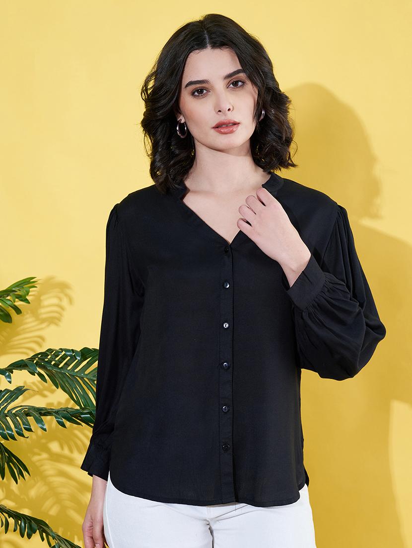 women black solid mandarin neck long sleeve shirt - 22064134 - Zoom Image - 0