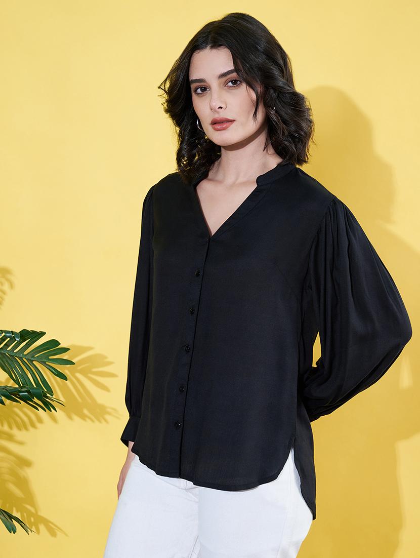 women black solid mandarin neck long sleeve shirt - 22064134 - Standard Image - 1