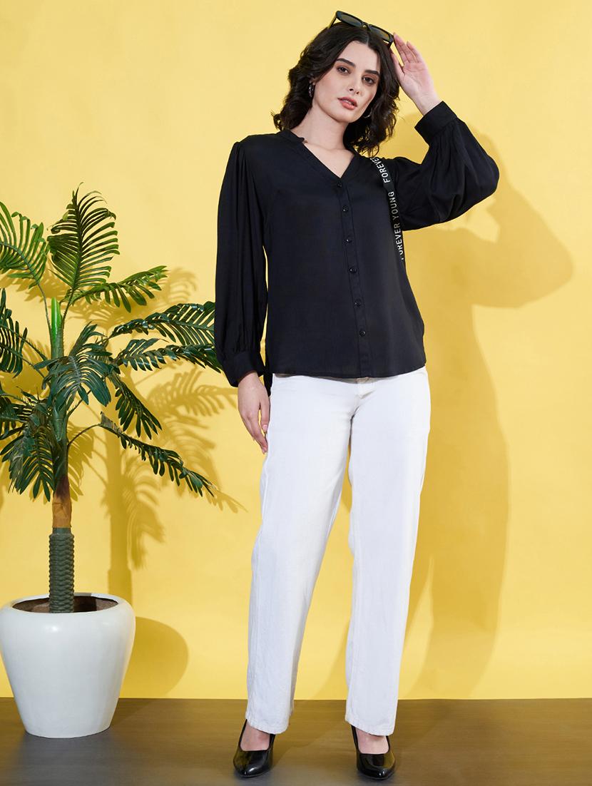 women black solid mandarin neck long sleeve shirt - 22064134 - Standard Image - 4