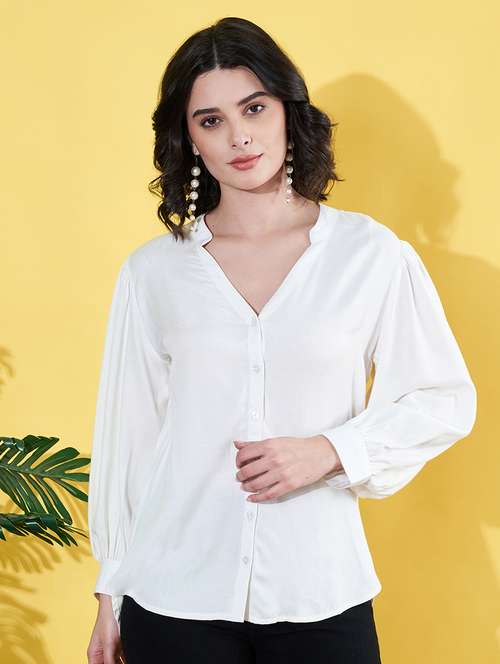 women white solid mandarin neck long sleeve shirt - 22064135 -  Standard Image - 0