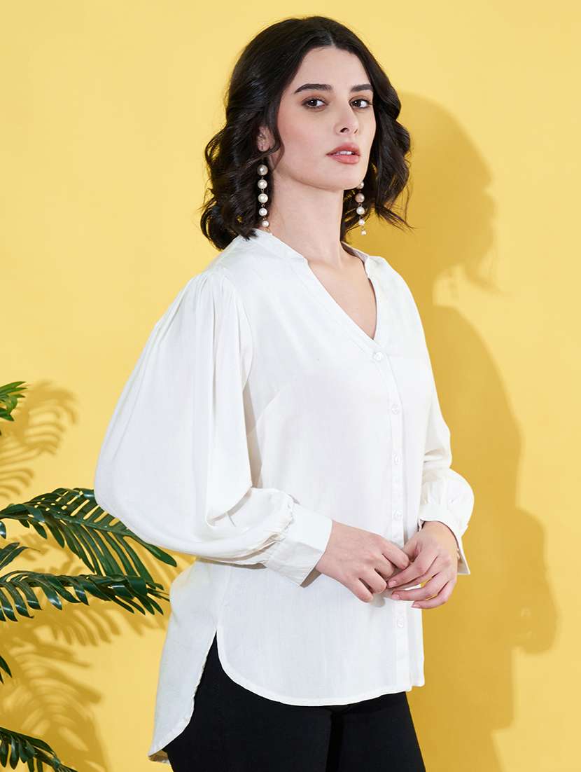 women white solid mandarin neck long sleeve shirt - 22064135 -  Standard Image - 1