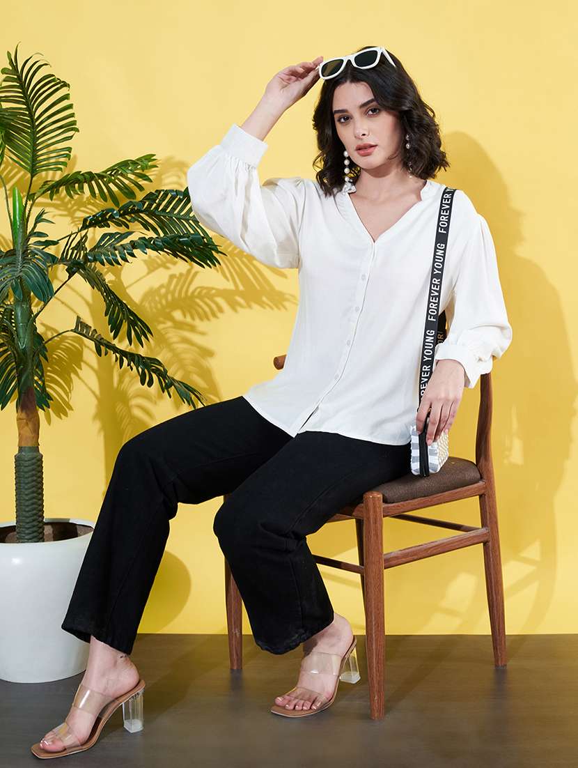 women white solid mandarin neck long sleeve shirt - 22064135 - Standard Image - 4