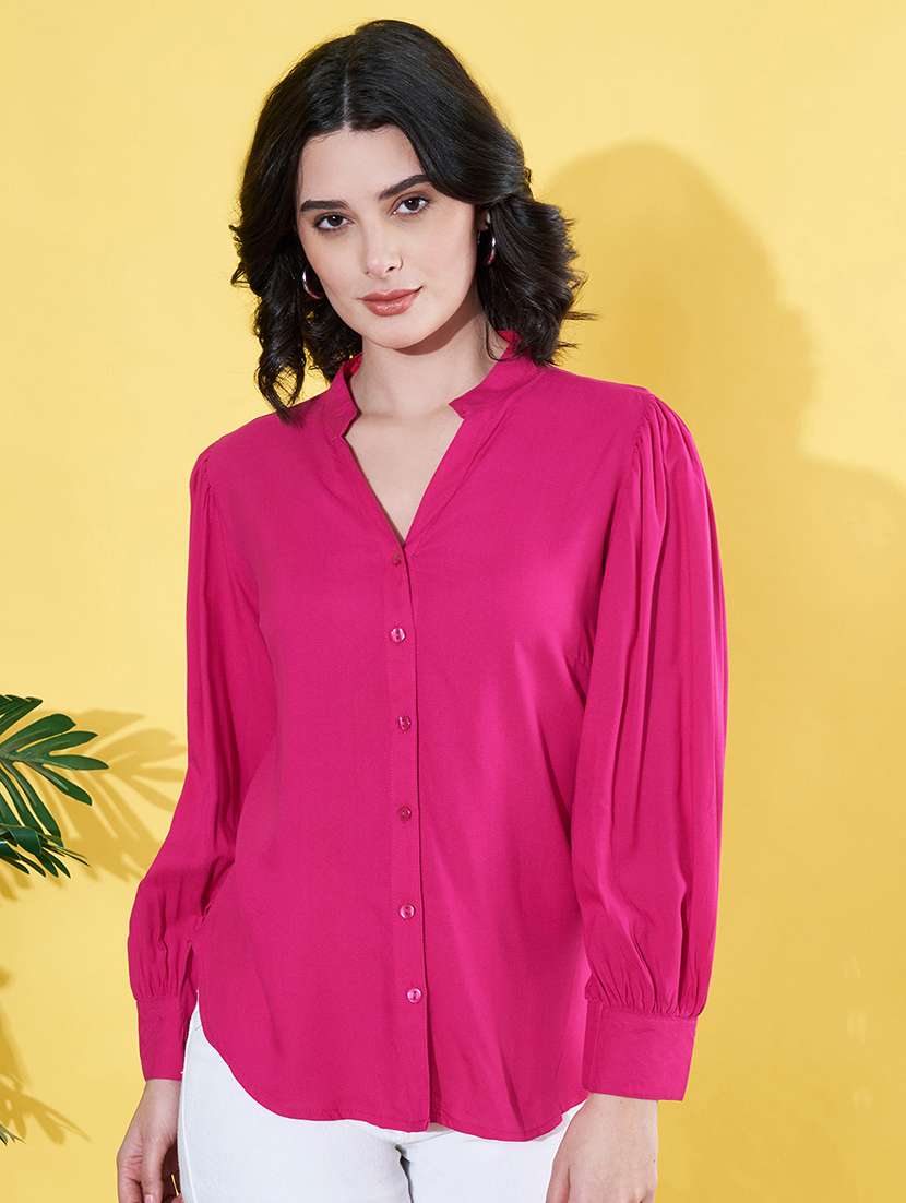 women pink solid mandarin neck long sleeve shirt - 22064136 -  Zoom Image - 0