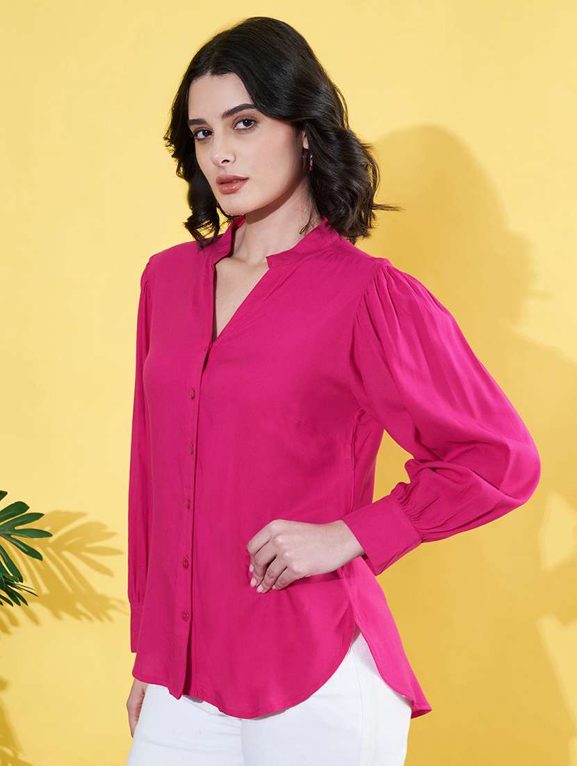 women pink solid mandarin neck long sleeve shirt - 22064136 -  Standard Image - 1