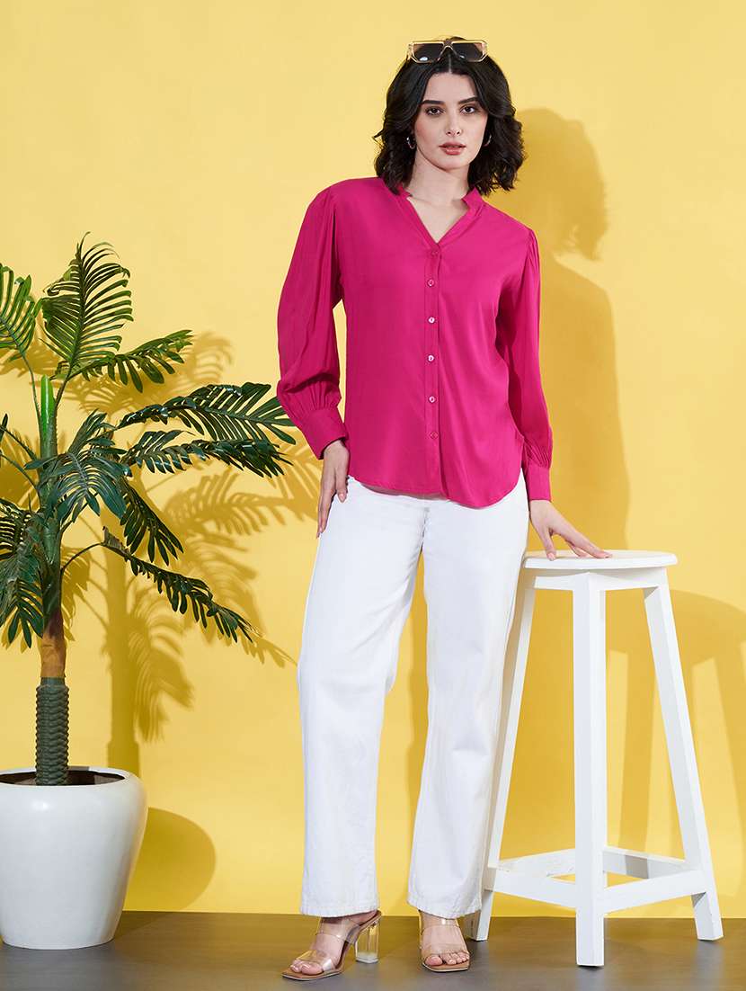 women pink solid mandarin neck long sleeve shirt - 22064136 - Standard Image - 4