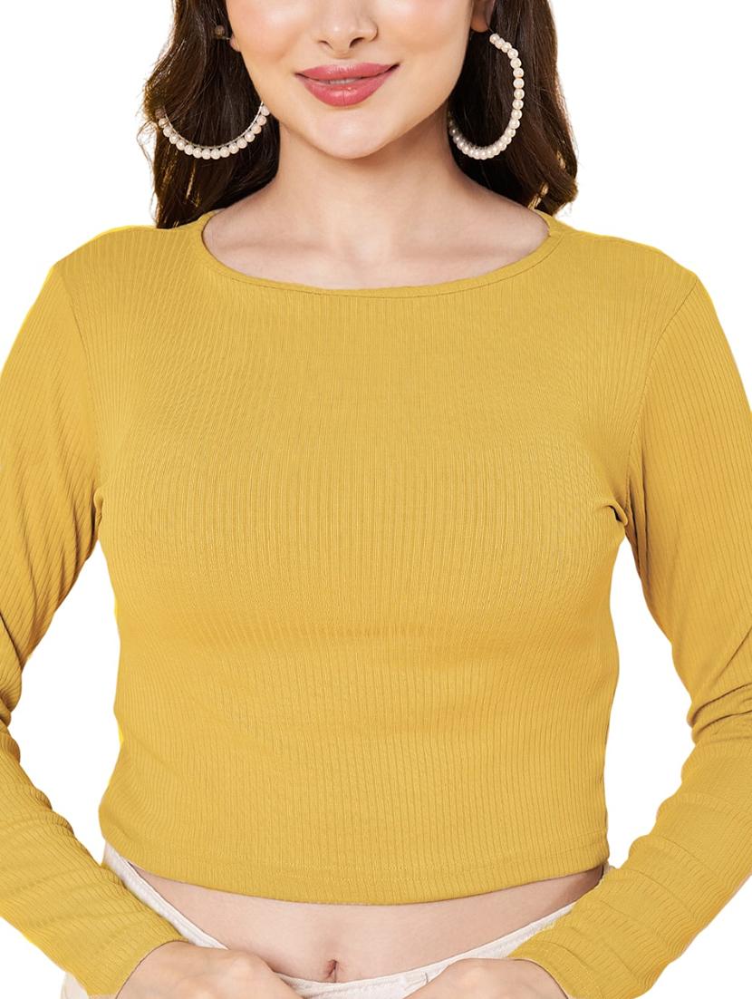women yellow solid long sleeve crop top - 22064141 - Standard Image - 4