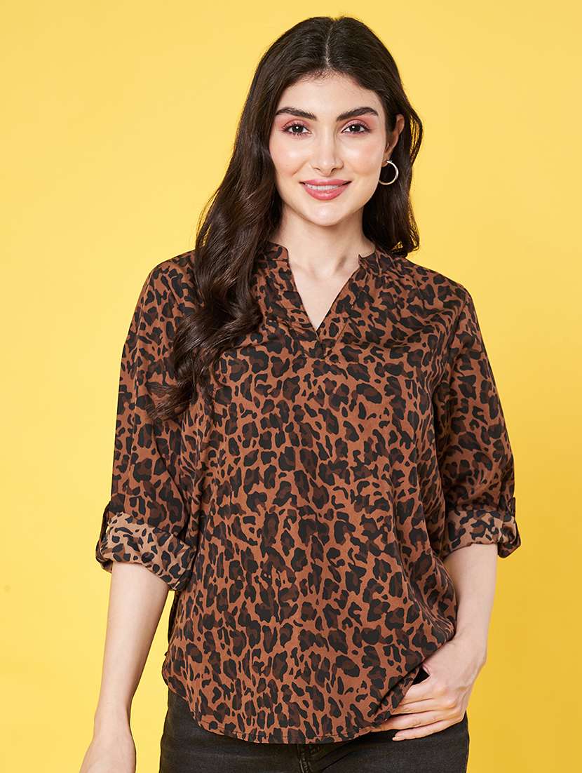women animal print roll-up sleeve regular top