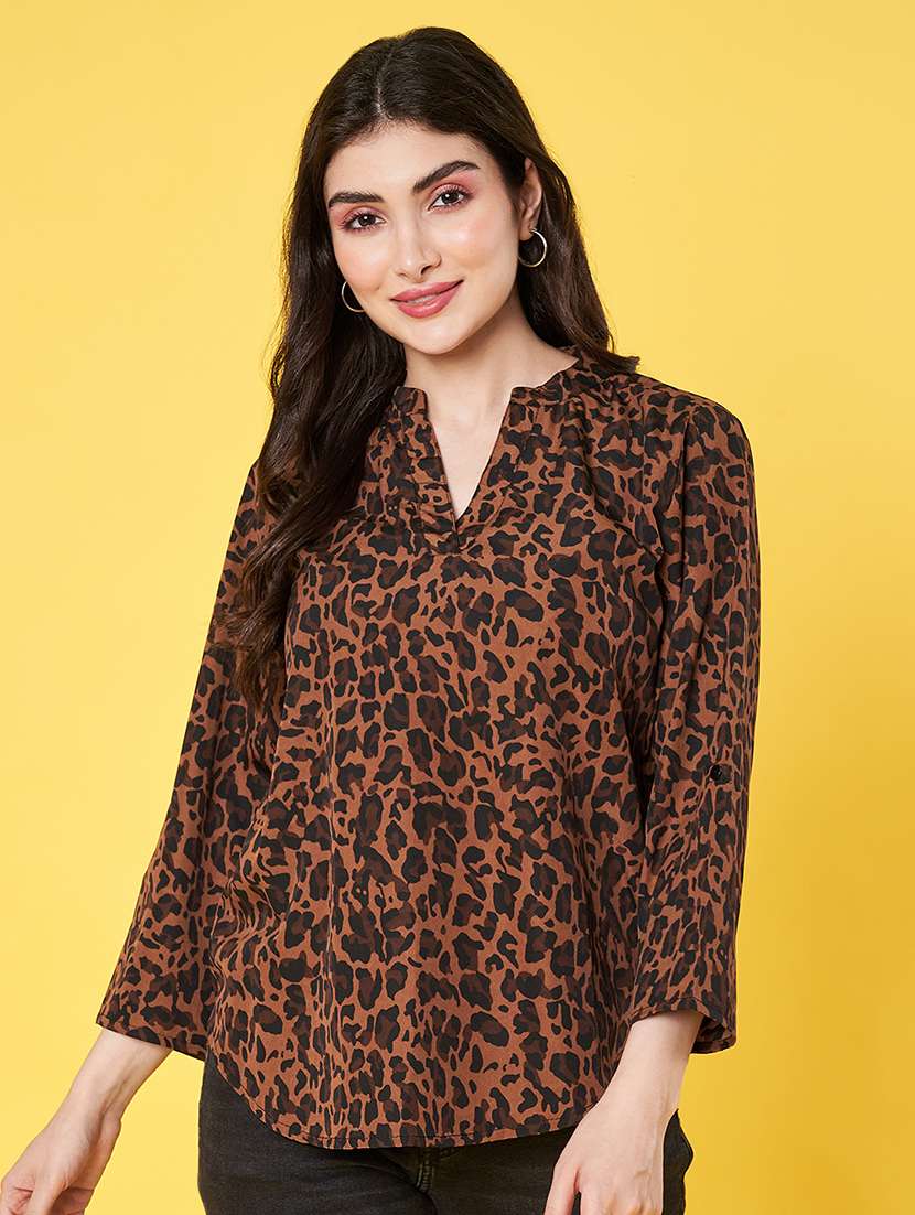 women animal print roll-up sleeve regular top - 22064143 -  Standard Image - 1