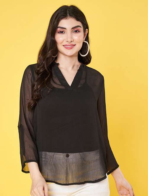women black solid long sleeve sheer top - 22064145 - Standard Image - 0