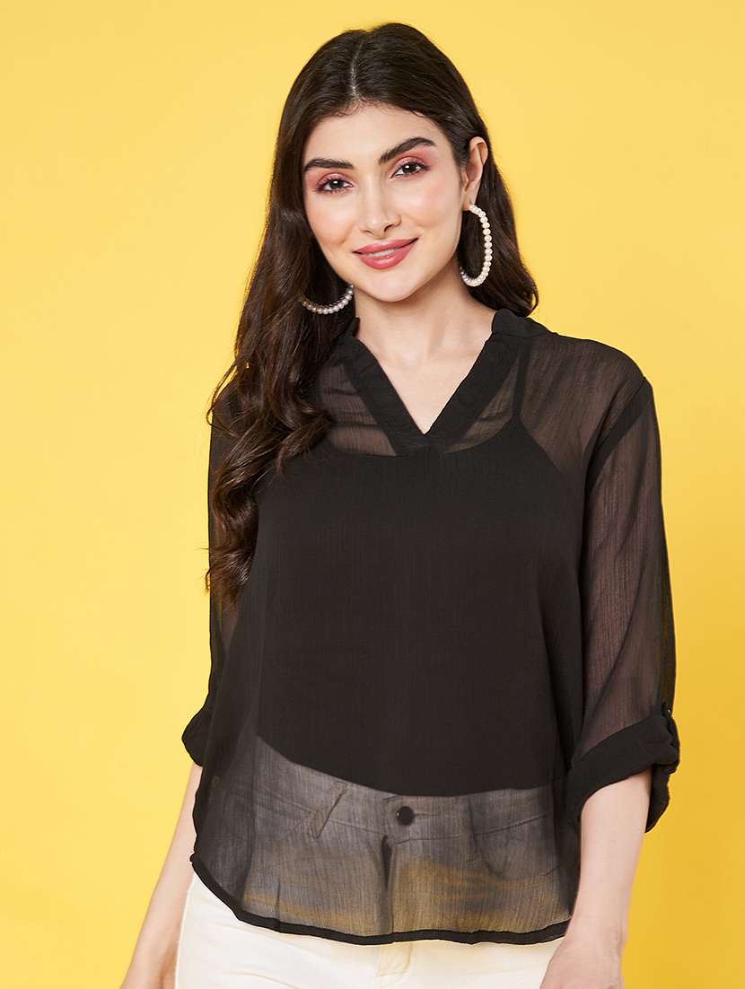 women black solid long sleeve sheer top - 22064145 - Standard Image - 1