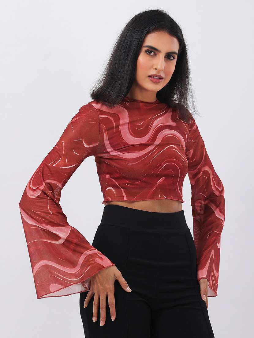 women printed bell slevee crop top