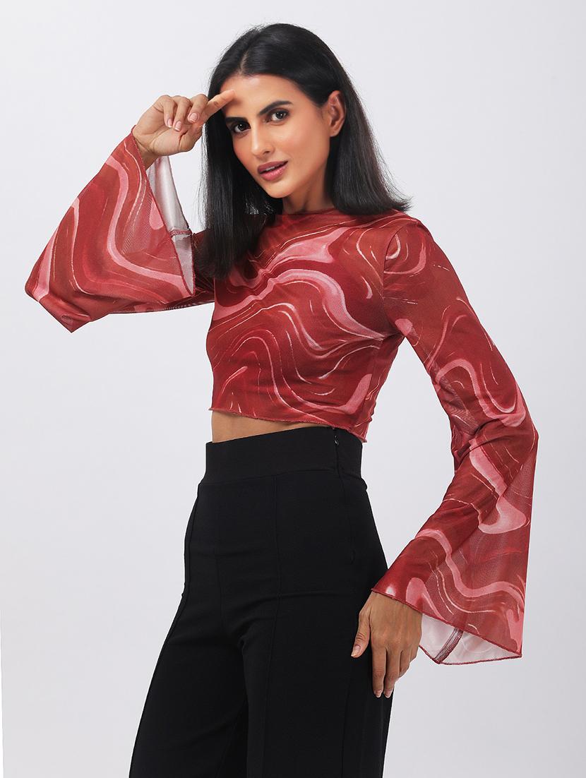 women printed bell slevee crop top - 22064146 - Standard Image - 1