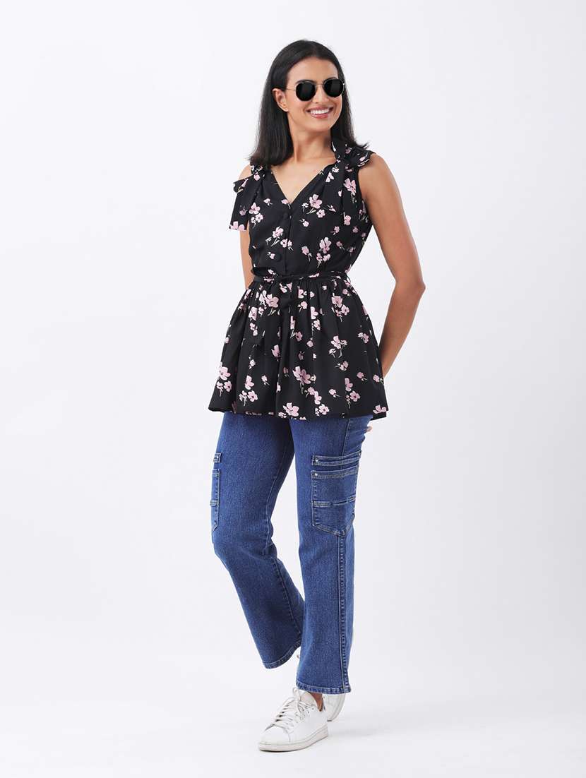 women black floral print sleeveless peplum top - 22064147 - Standard Image - 4