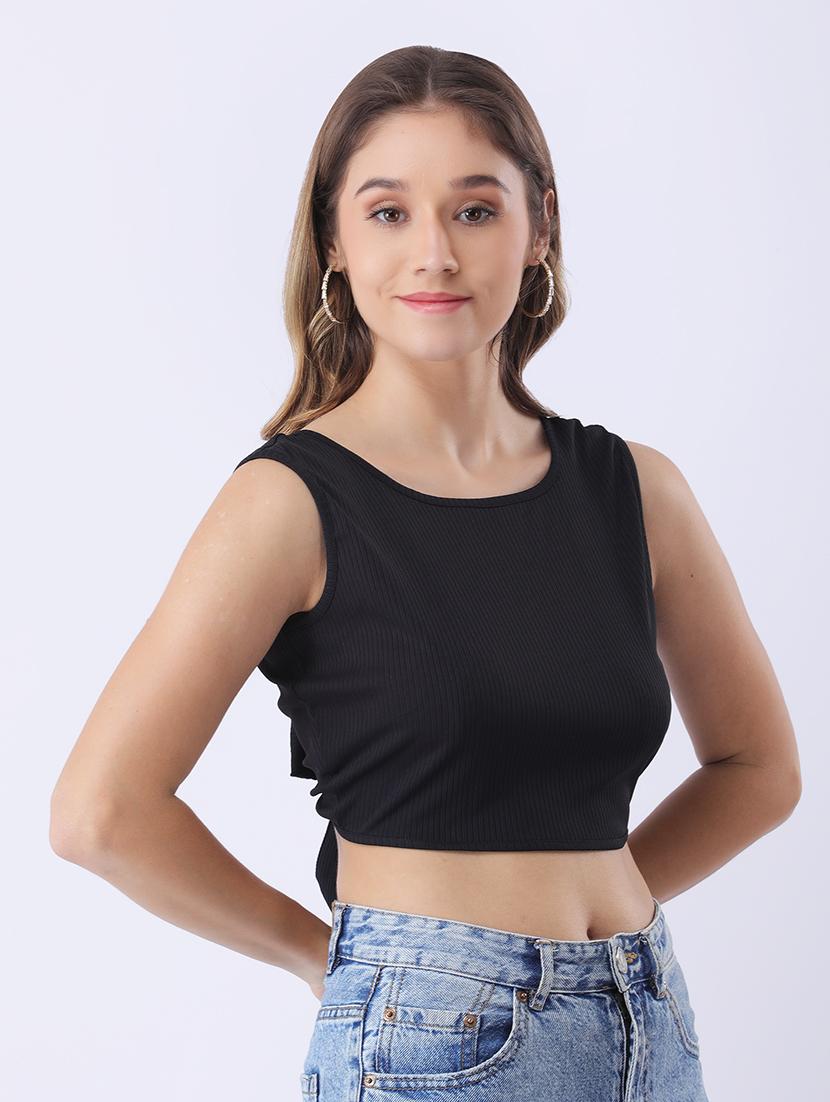 women black solid sleeveless backless crop top - 22064149 - Standard Image - 1