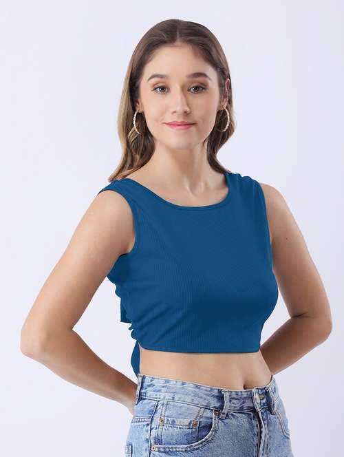 women teal solid sleeveless backless crop top - 22064150 -  Standard Image - 0