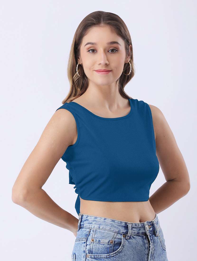 women teal solid sleeveless backless crop top - 22064150 -  Zoom Image - 0