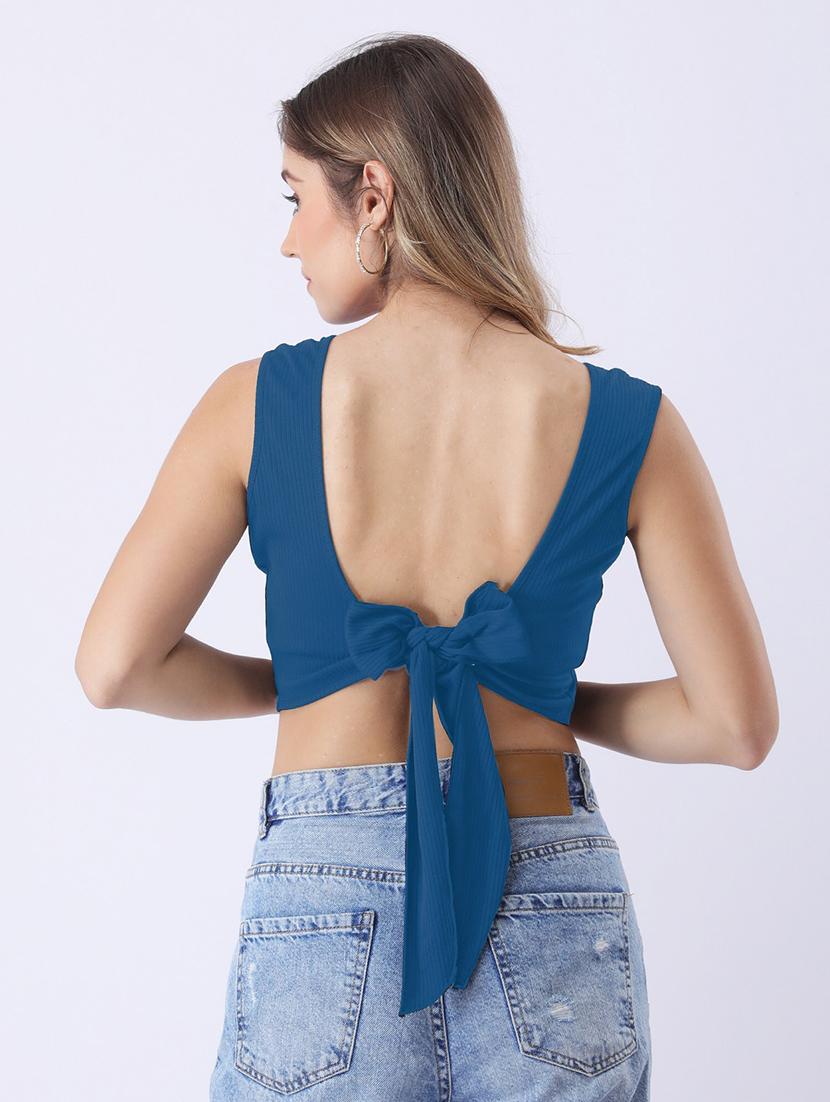 women teal solid sleeveless backless crop top - 22064150 - Standard Image - 1
