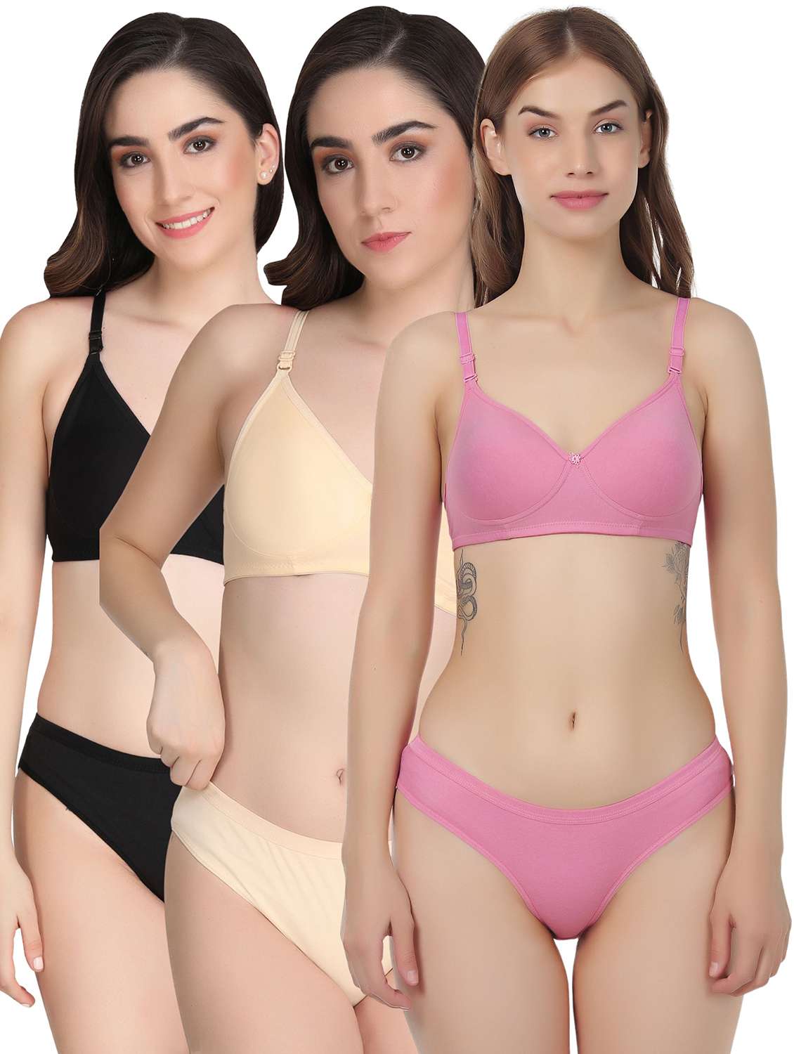 women pack of 3 solid bra and panty set