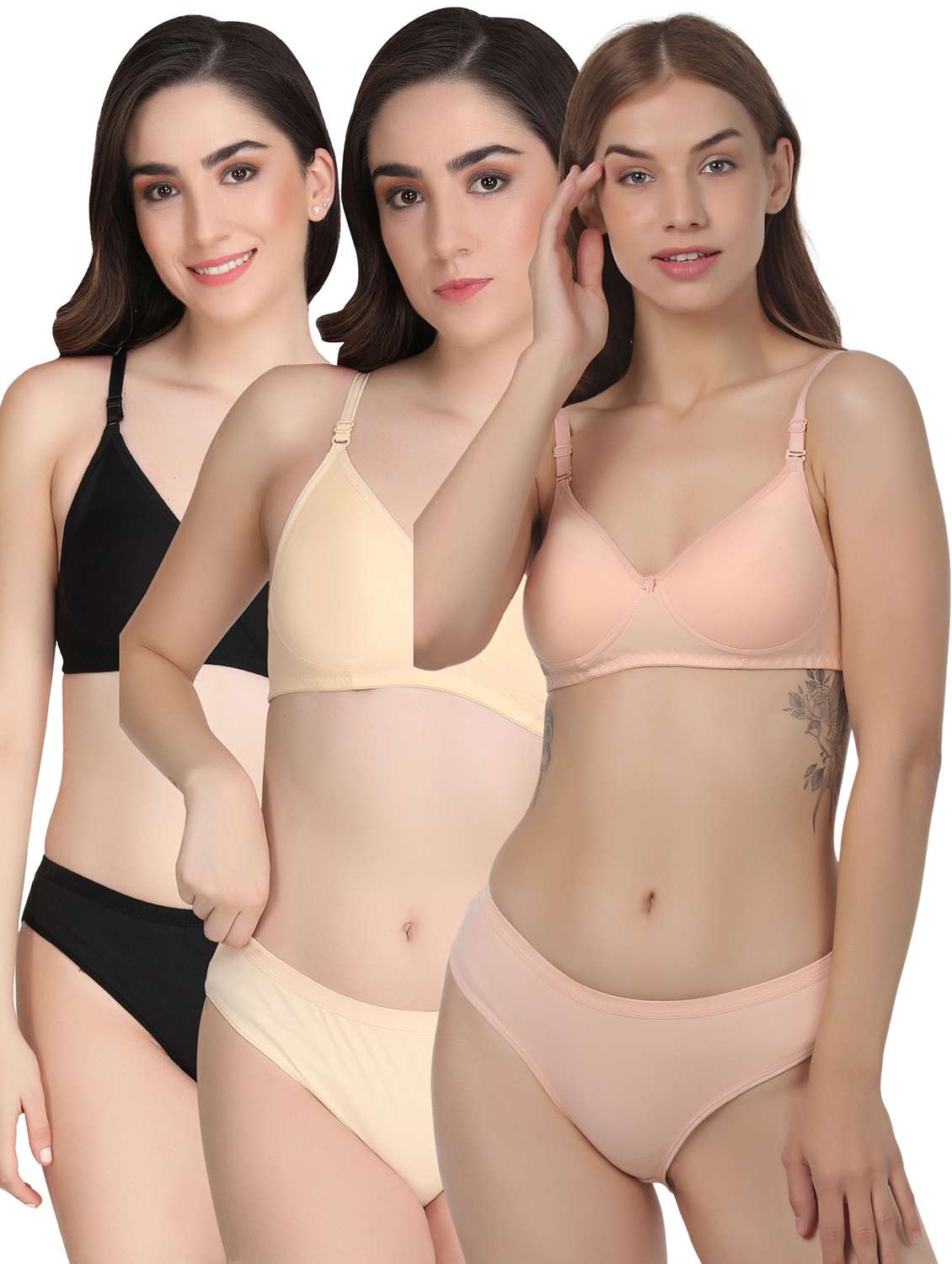 women pack of 3 solid bra and panty set
