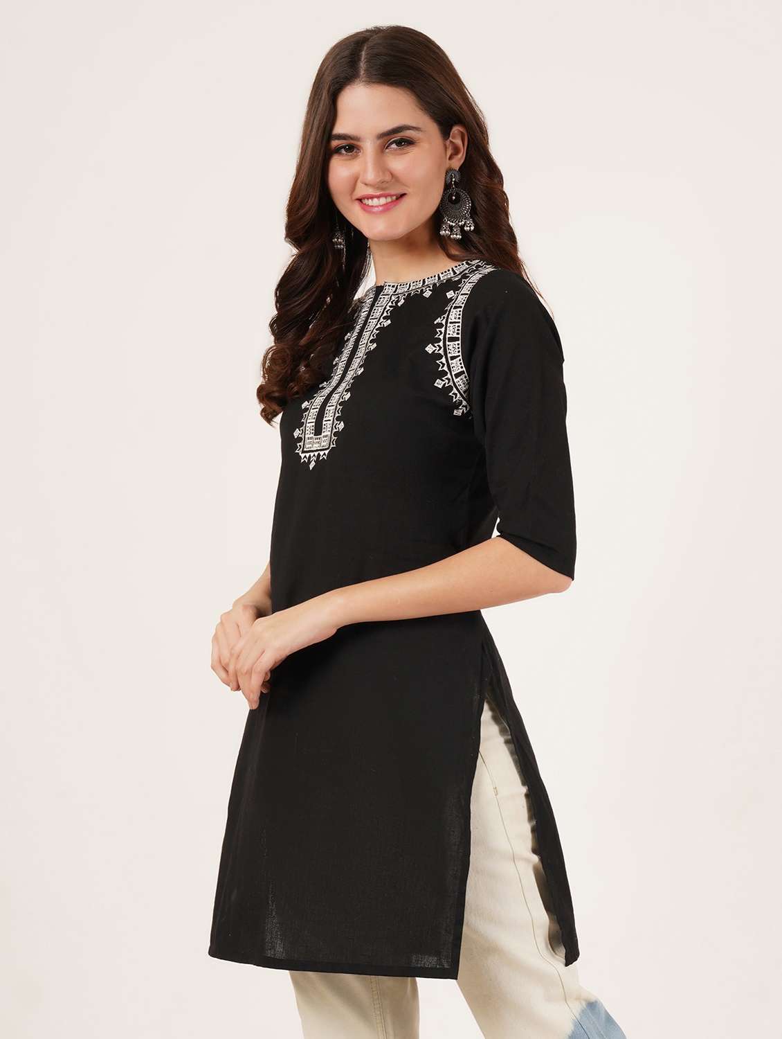 women embroidered three quarter sleeve straight kurti - 22065261 -  Standard Image - 1