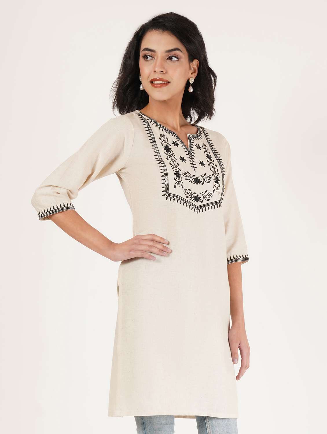 women embroidered three quarter sleeve straight kurti - 22065263 -  Standard Image - 1