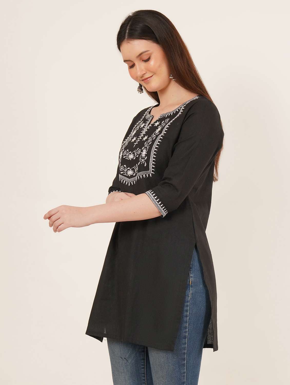 women embroidered three quarter sleeve straight kurti - 22065264 -  Standard Image - 1