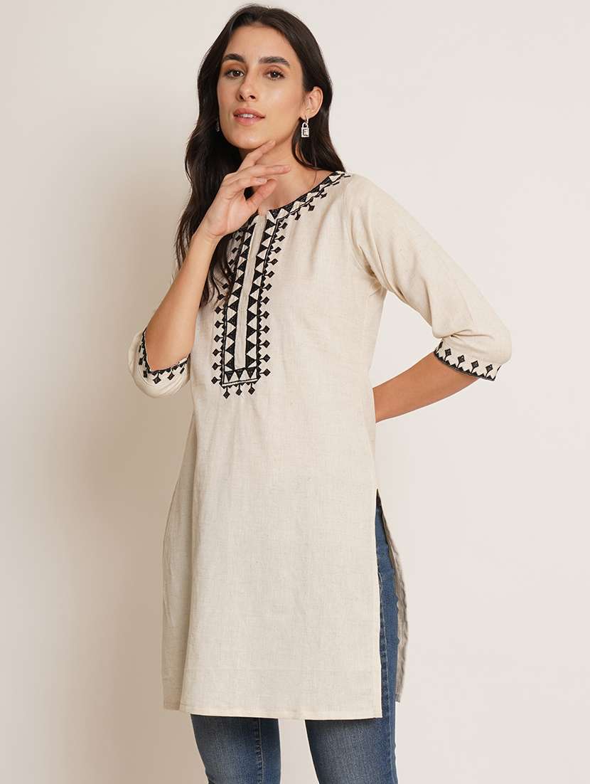 women embroidered three quarter sleeve straight kurti