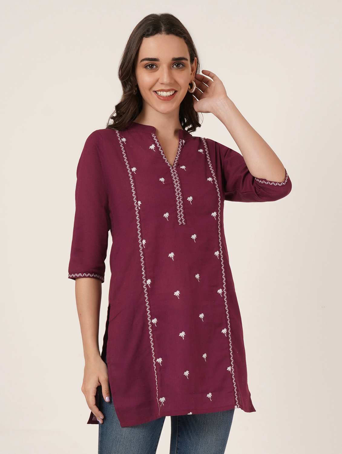 women embroidered three quarter sleeve straight kurti - 22065270 -  Standard Image - 1