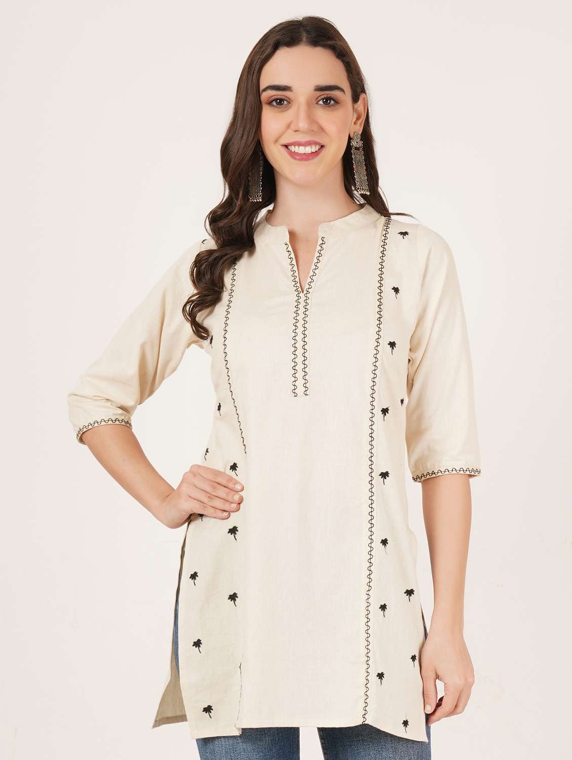 women embroidered three quarter sleeve straight kurti - 22065271 -  Standard Image - 1
